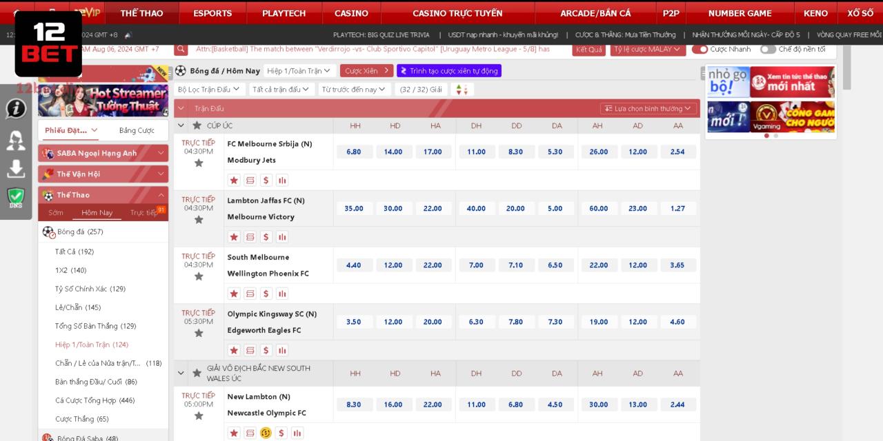 12 Thể Thao 12Bet - Sân Chơi Đỉnh Cao, Đặt Cược Cực Đã 3 Đặt cược kèo hiệp 1 đơn giản, phù hợp với mọi người mới