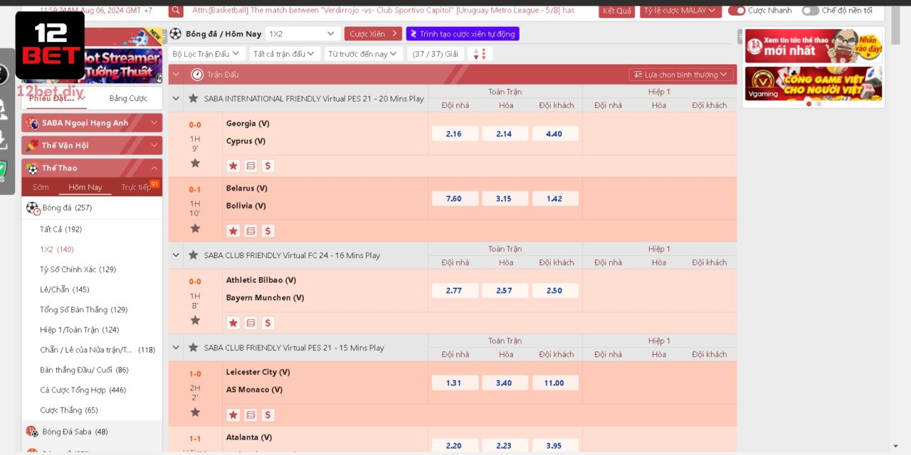 12 Thể Thao 12Bet - Sân Chơi Đỉnh Cao, Đặt Cược Cực Đã 2 Kèo 1x2 hấp dẫn và thú vị dành cho tân cược thủ