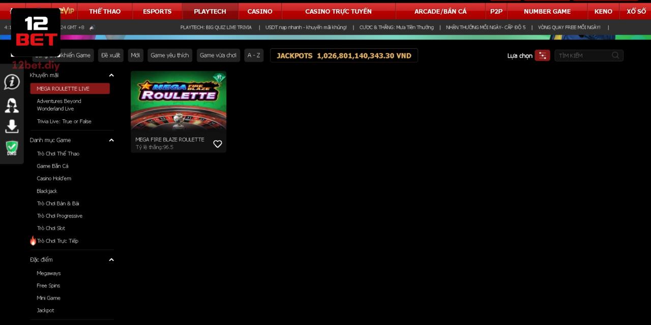 Mega Roulette Live 12Bet - Cược Trực Tiếp Roulette Kịch Tính 1 Mega Roulette Live cho phép người chơi đặt cược trực tiếp đầy kịch tính